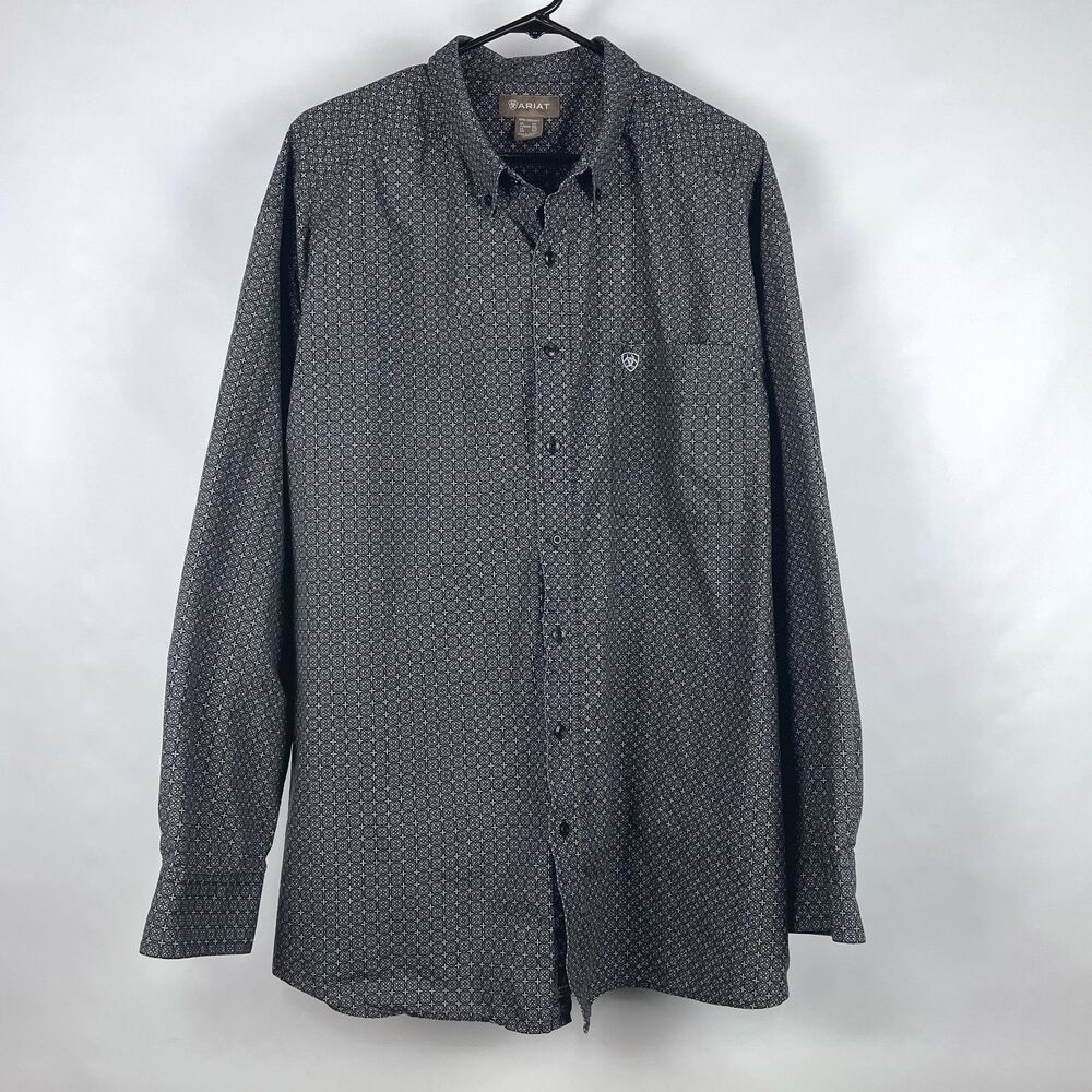 Ariat Men’s 3XL Black Gray Geometric Button Down Long Sleeve Plaid Western